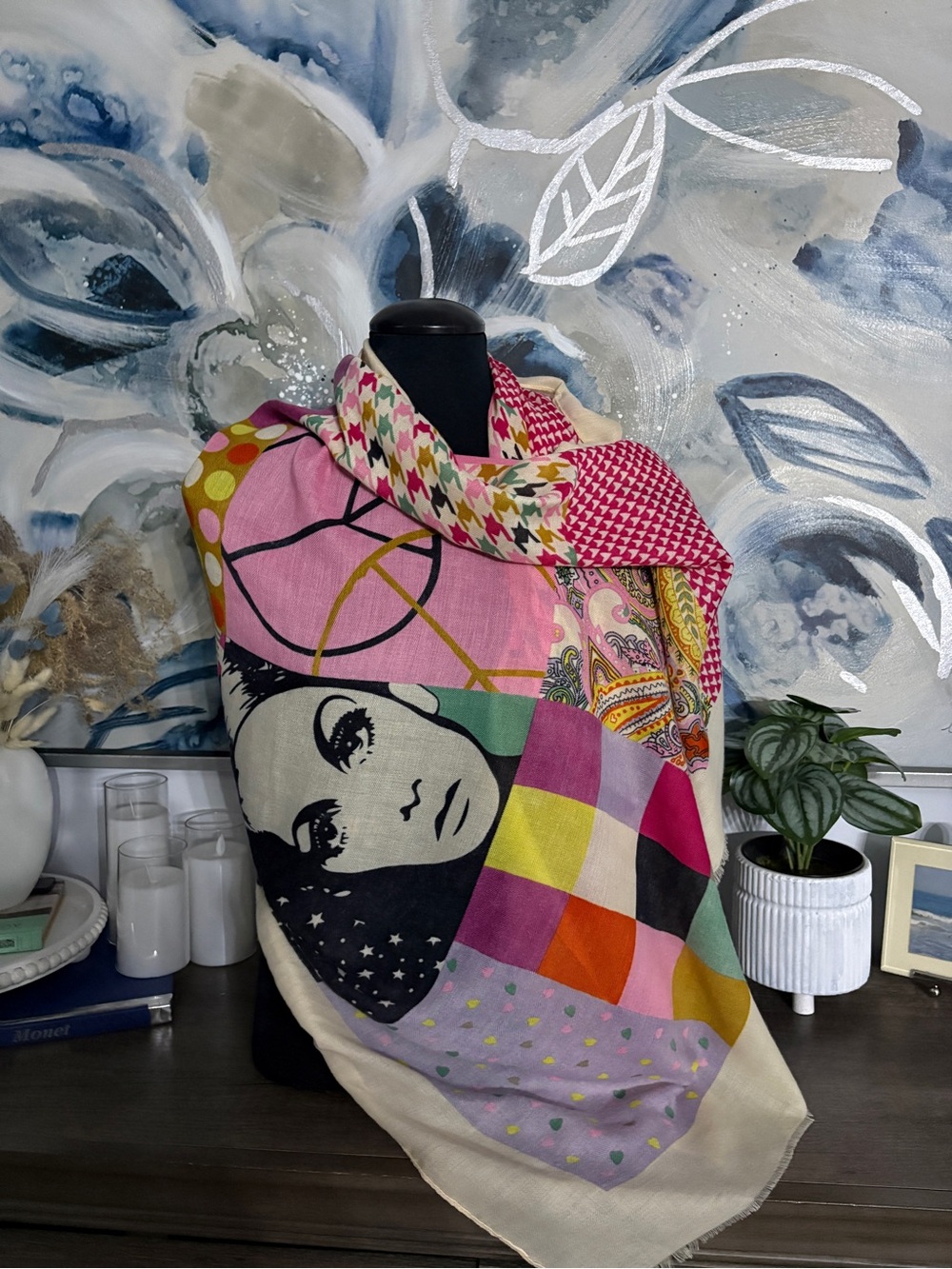 Colorful Graphic Patchwork Scarf with Face Motif